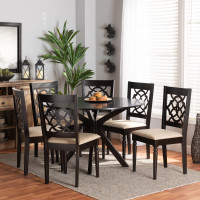Baxton Studio Sadie-Sand/Dark Brown-7PC Dining Set Sadie Modern and Contemporary Sand Fabric Upholstered and Dark Brown Finished Wood 7-Piece Dining Set